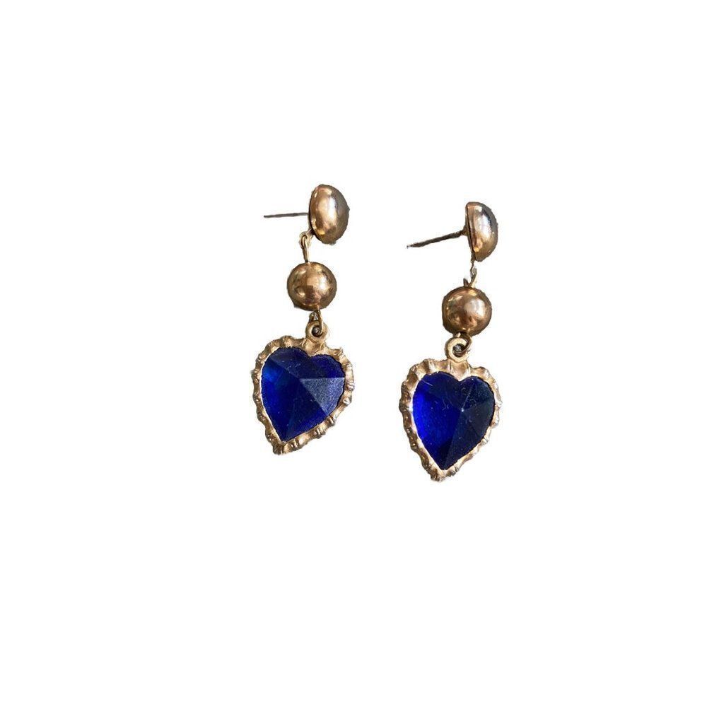 Vintage Earrings Dangle Heart Gold Tone 1980s Blue Rhinestone Hearts 1.5 Inches